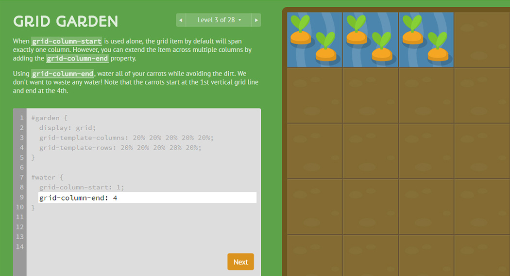 CSS learning games - Grid Garden webapp