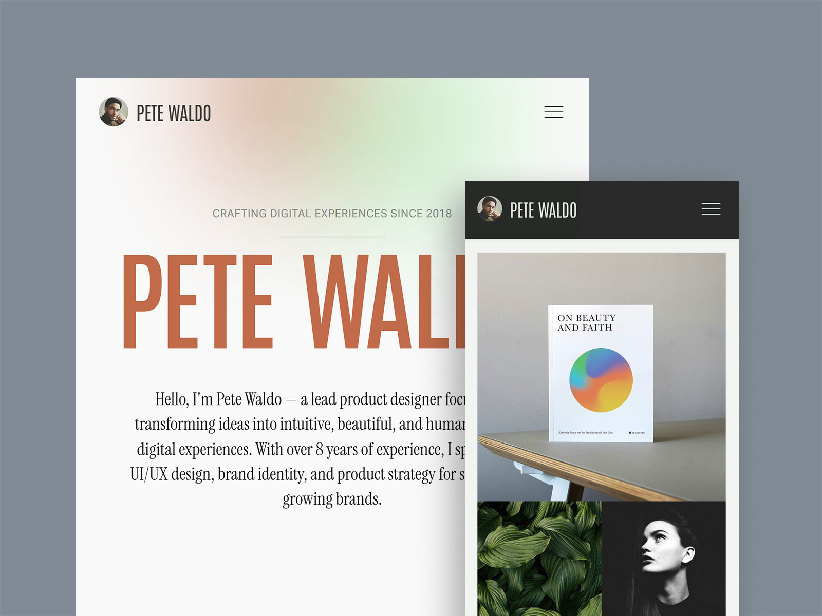 Waldo free one-page personal site design tablet and mobile view